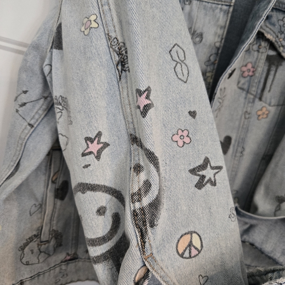 Oversized Denim Jacket With Doodles. Womens Size M - Picture 2 of 10